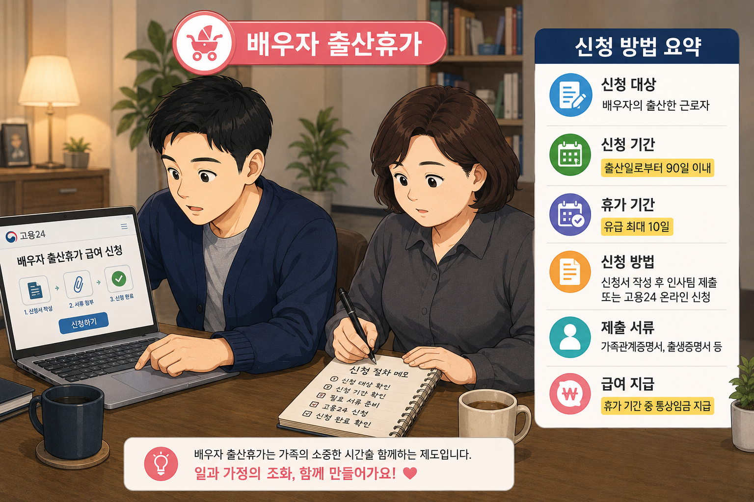 배우자 출산휴가 급여 온라인 신청 방법을 확인하는 20대 남성 직장인 일러스트