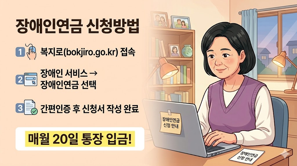 장애인연금 온라인 신청 방법을 노트북으로 확인하는 50대 여성 일러스트