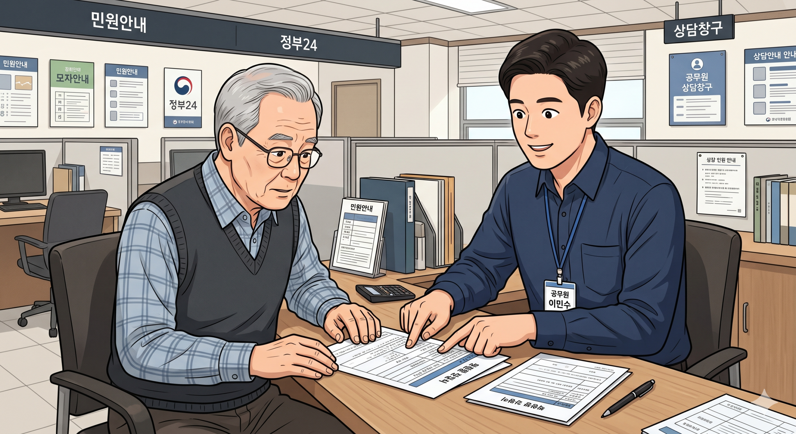 기초연금 신청 절차 – 어르신이 주민센터 창구에서 직원과 함께 신청 서류를 검토하는 장면