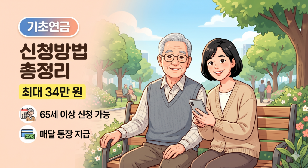 기초연금 신청방법 총정리 – 65세 이상 어르신과 딸이 공원에서 함께 신청 방법을 확인하는 장면