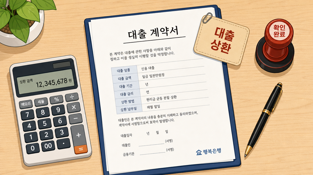 주택담보대출 중도상환수수료 면제 관련 서류와 계산기 오브젝트 일러스트
