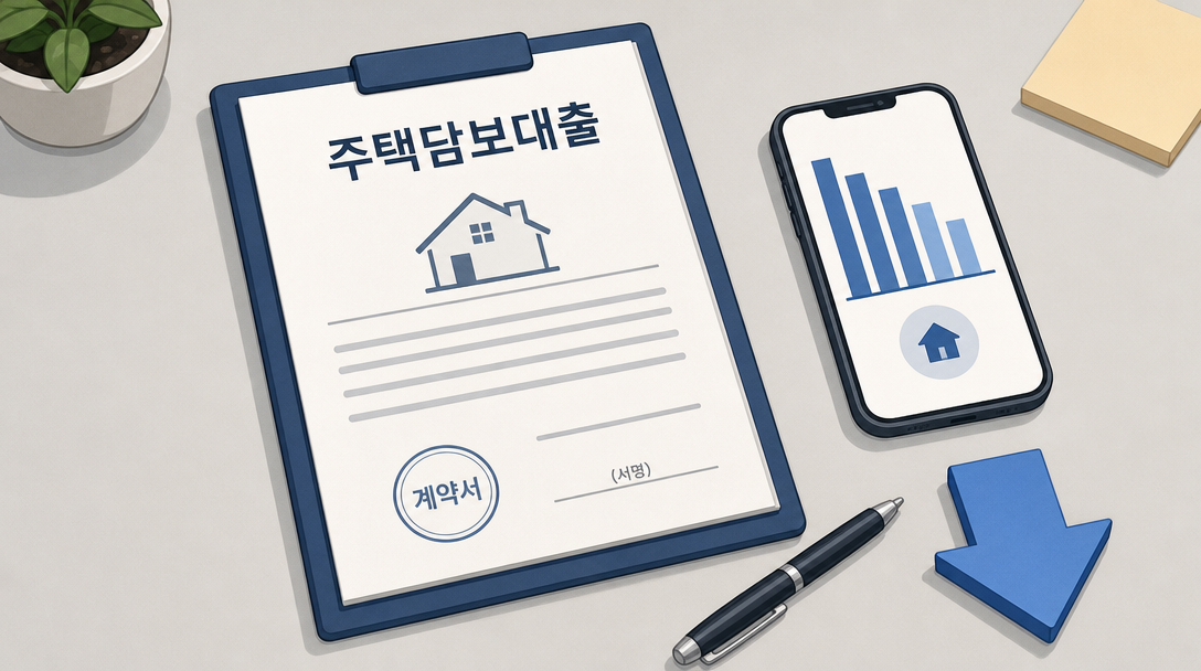 주택담보대출 금리 인하 요구권 관련 서류와 스마트폰 일러스트