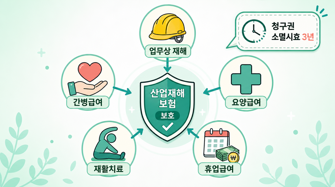 산재보험 요양급여 신청방법 5대 급여 항목 아이콘 일러스트