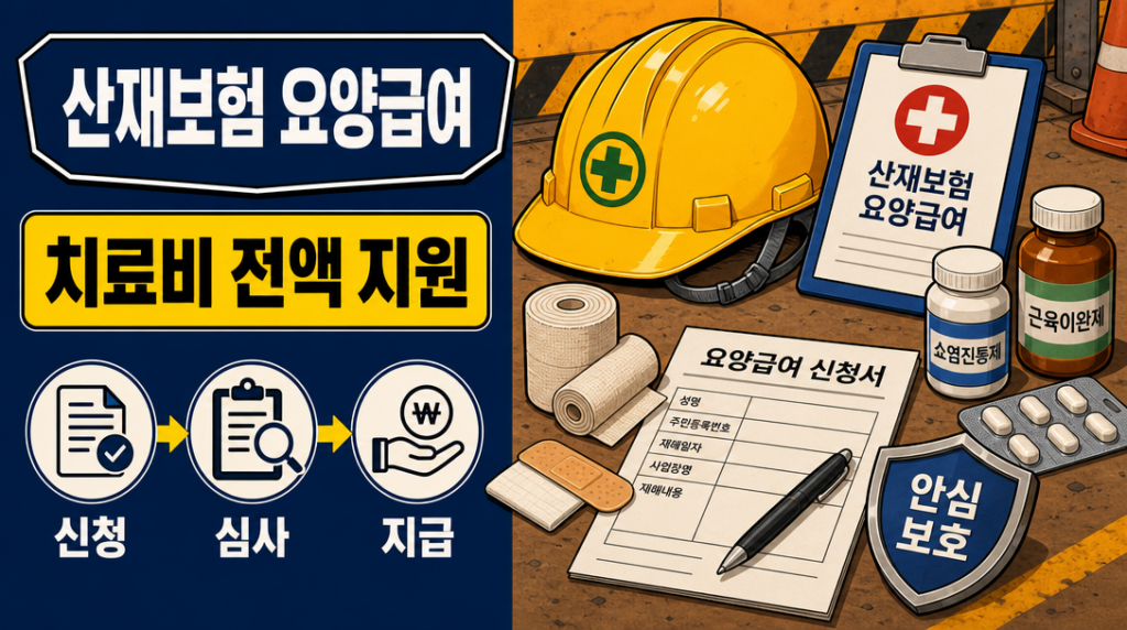 산재보험 요양급여 신청방법 안내 인포그래픽 – 치료비 전액 지원 절차