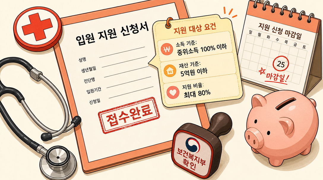 재난적 의료비 지원 자격 조건 및 지원 비율 오브젝트 일러스트