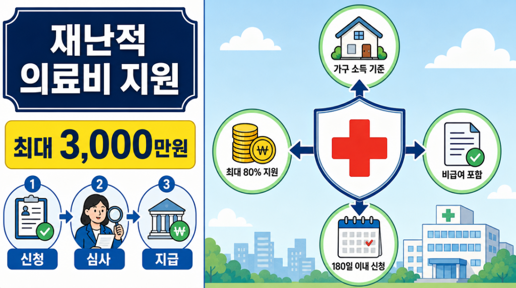 재난적 의료비 지원 신청방법 인포그래픽 – 최대 3000만 원 지원 안내
