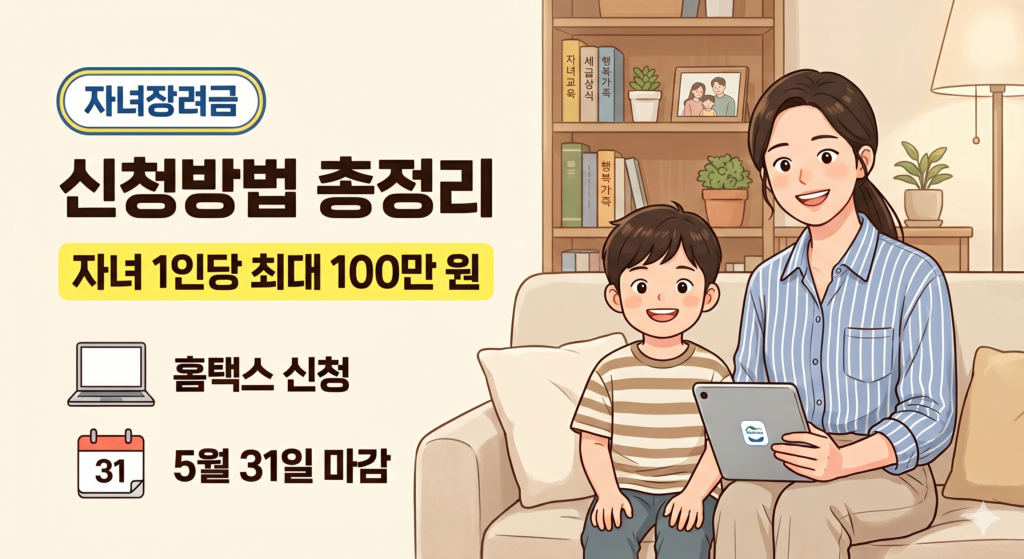 2026 자녀장려금 신청방법을 함께 확인하는 엄마와 아이