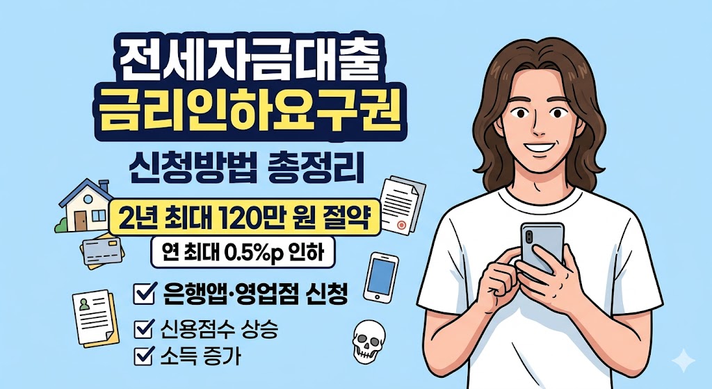 전세자금대출 금리 인하 요구권 신청 정보를 확인하는 남성 일러스트