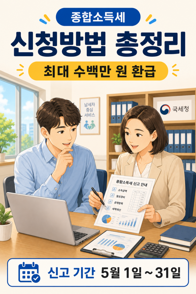 2026 종합소득세 신고방법 총정리 안내 일러스트 – 세무사와 신청자가 함께 홈택스 화면을 확인하는 장면