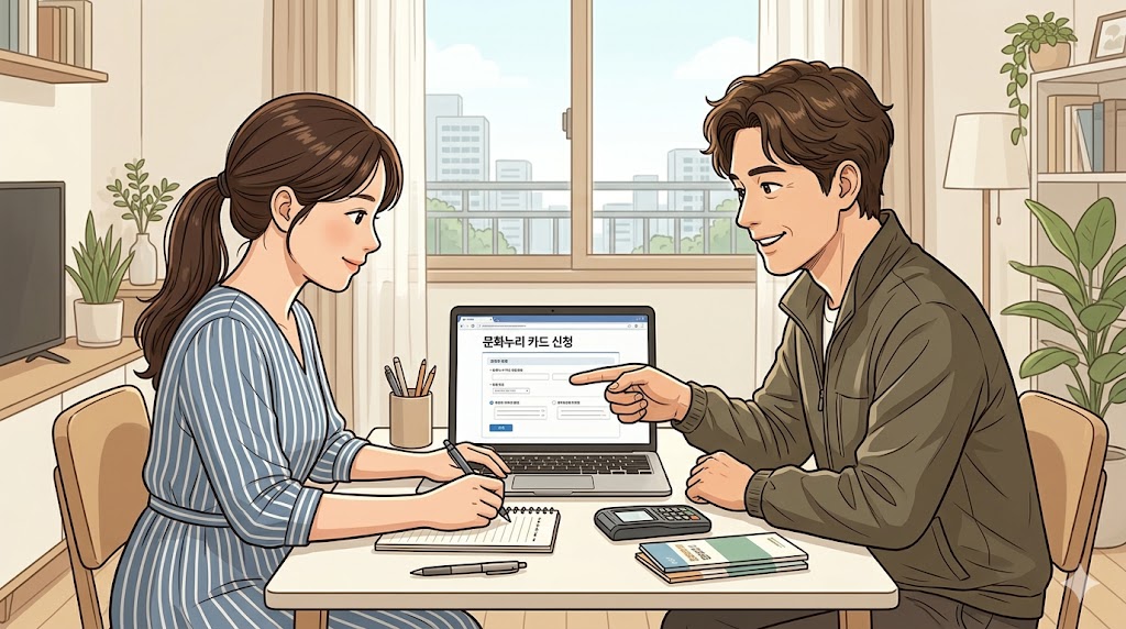 문화누리카드 온라인 신청 절차를 노트북으로 확인하는 모습