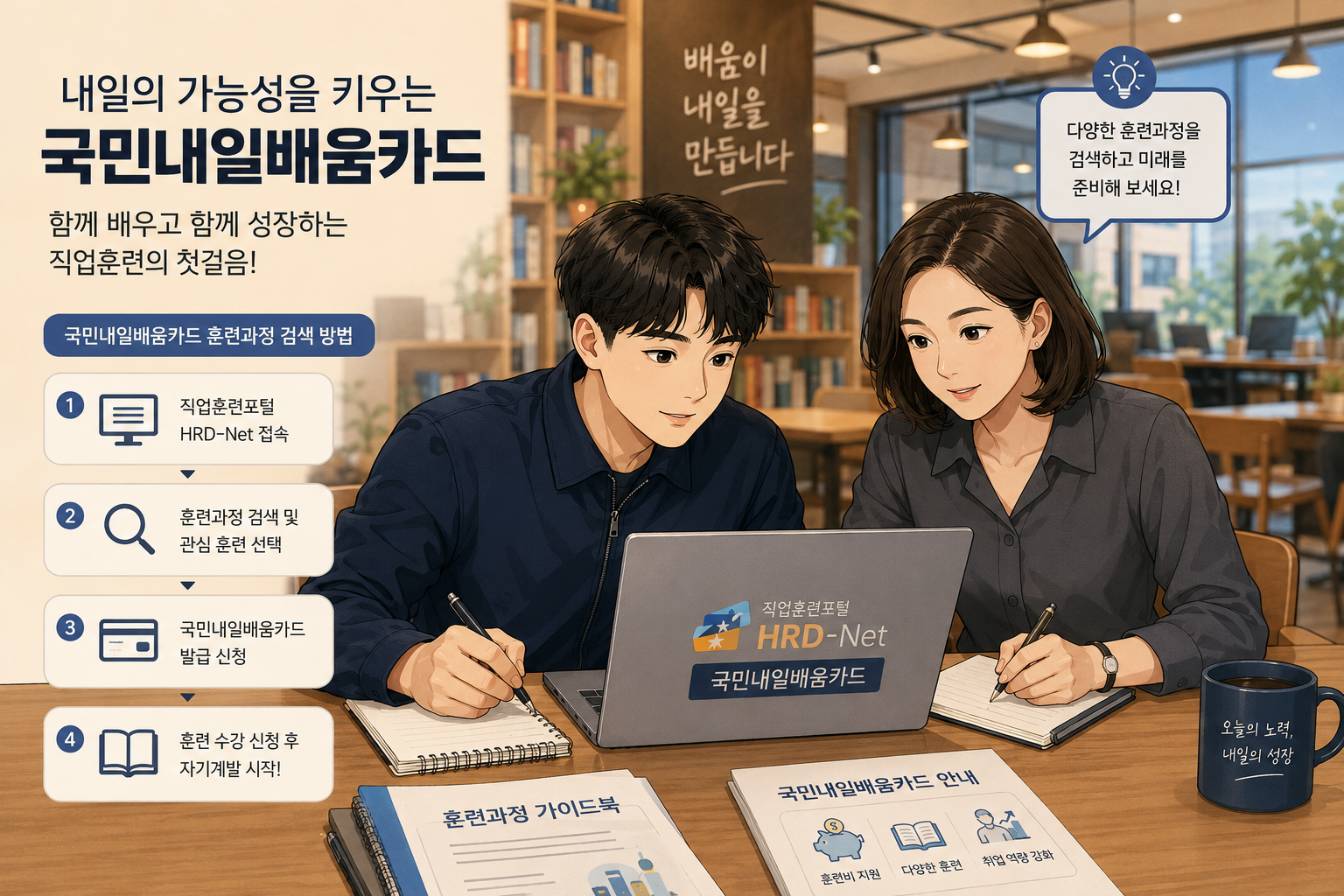 국민내일배움카드 신청방법 본문 이미지 – 청년과 직장동료가 노트북으로 훈련 과정을 함께 검색하는 장면