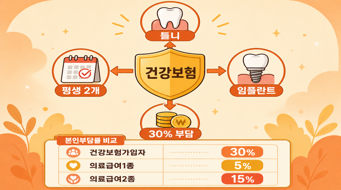 노인 틀니 임플란트 건강보험 지원 본인부담률 비교 일러스트