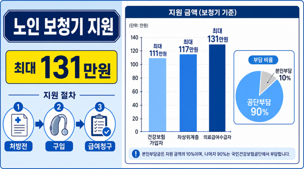 노인 보청기 건강보험 지원 최대 131만원 급여 안내 인포그래픽