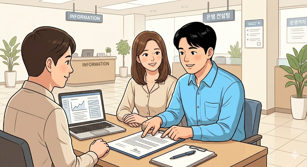 신혼부부 전세자금대출 신청 상담을 받는 신혼 부부 일러스트