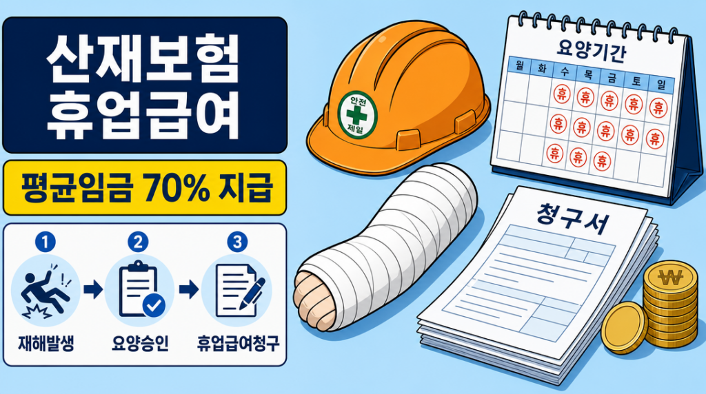산재보험 휴업급여 신청방법과 지급 절차를 안내하는 인포그래픽 이미지