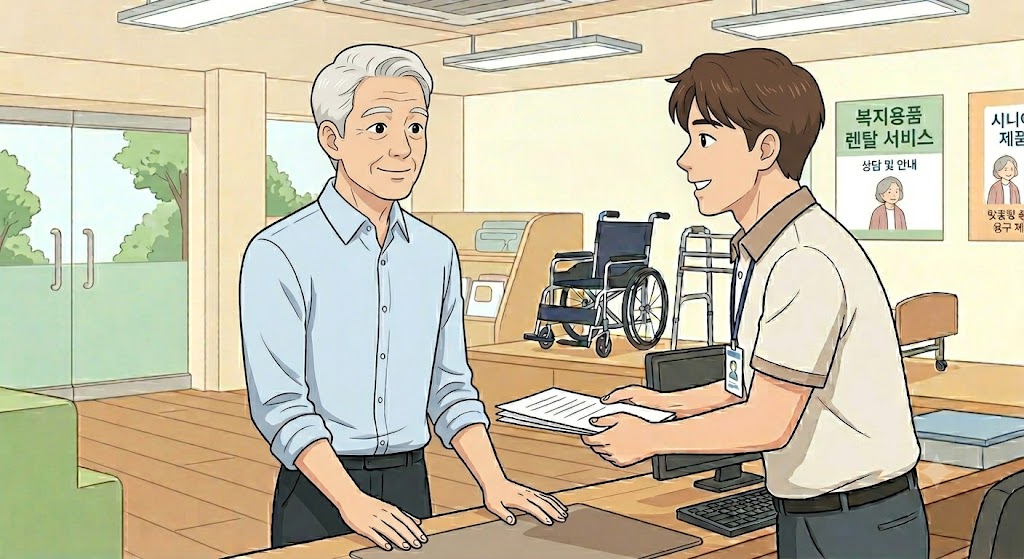 장기요양 복지용구 신청 안내 복지용구사업소 방문 일러스트
