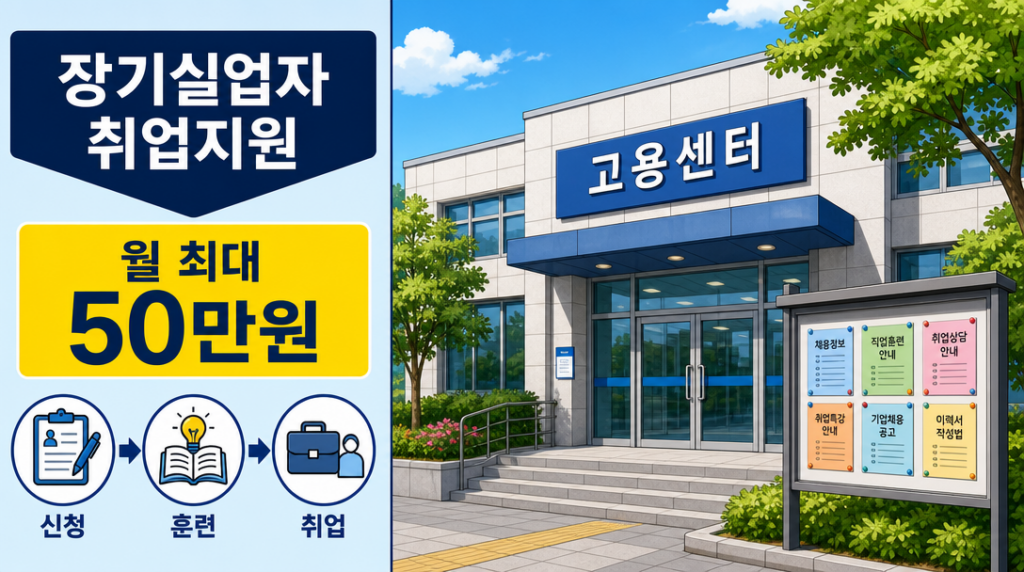 장기실업자 취업지원 프로그램 신청방법 안내 – 고용센터 건물 일러스트