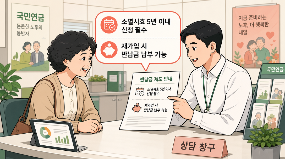 국민연금 반환일시금 상담 장면과 주의사항 안내 일러스트