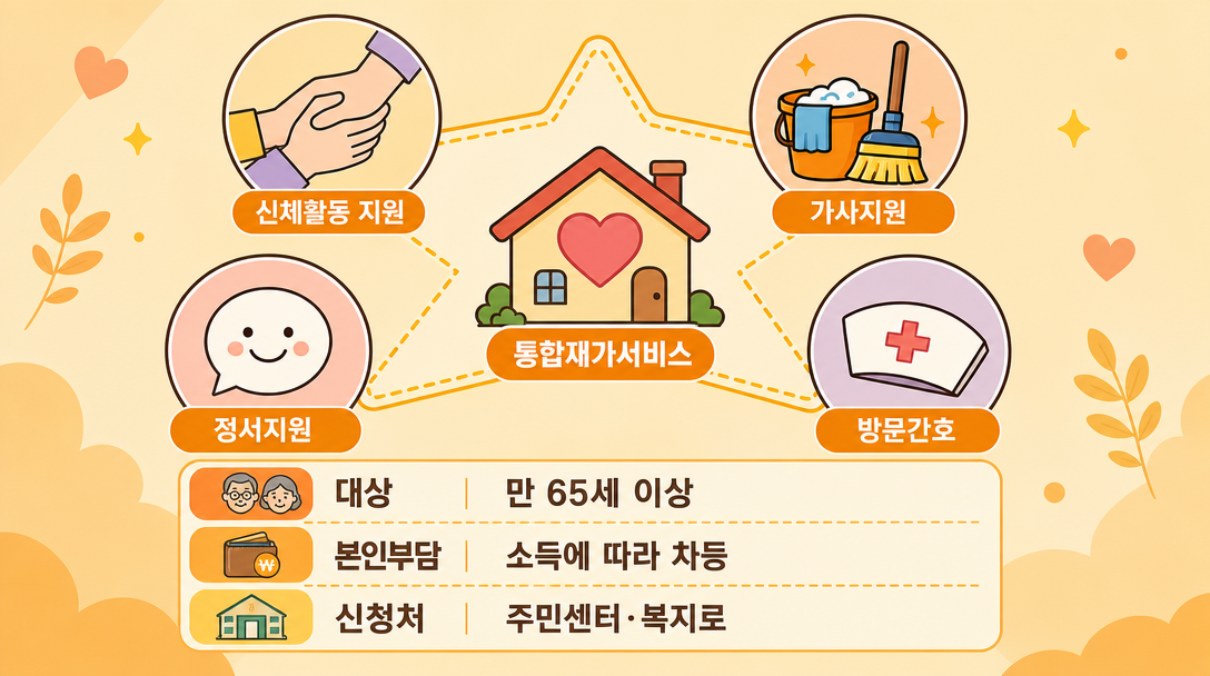 노인 돌봄 통합재가서비스 서비스 종류 및 자격 요건 상징 아이콘 인포그래픽
