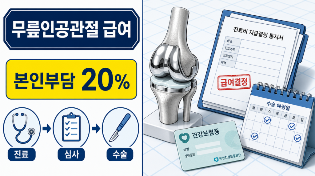 무릎인공관절 수술 급여 신청방법 안내 인포그래픽 — 본인부담금·심사 절차 요약