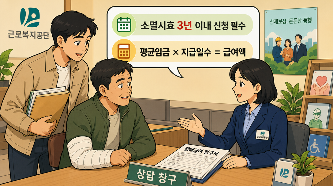 산재보험 장해급여 신청 상담 장면 일러스트