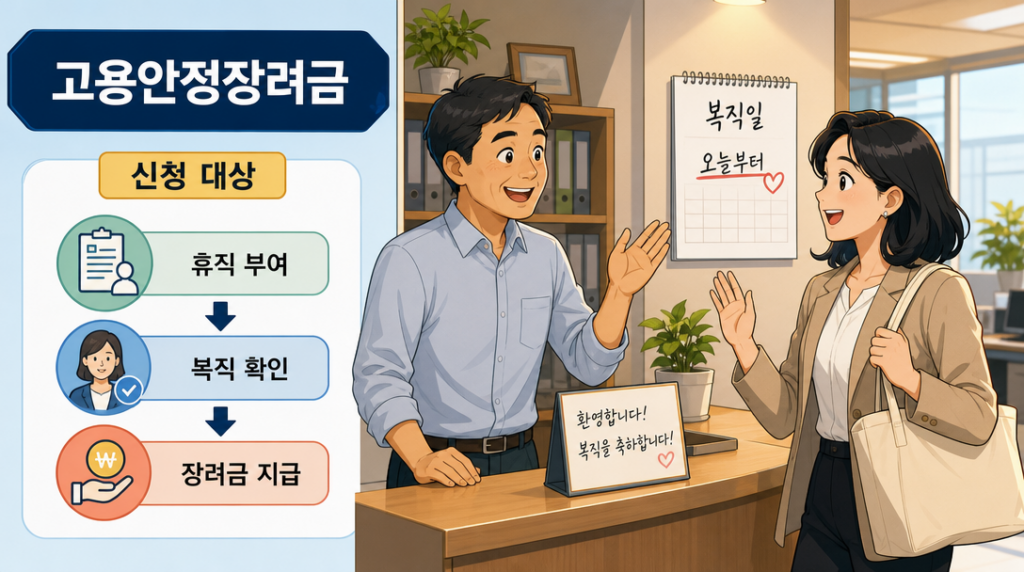 고용안정장려금 신청 대상 사업주와 복직 근로자 장면 일러스트