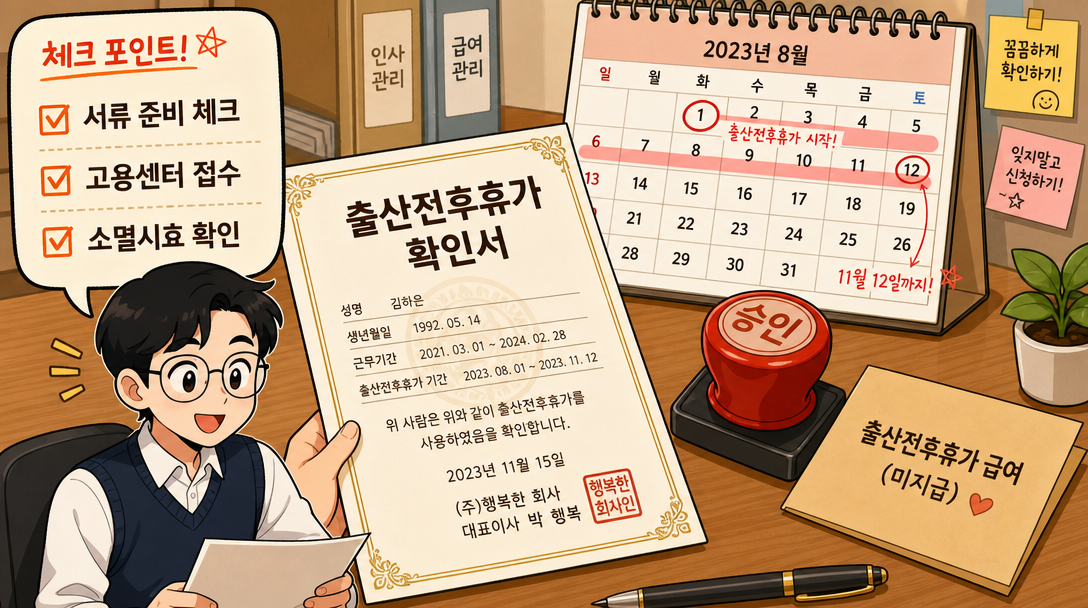 출산휴가 급여 미지급 서류 준비와 체크리스트를 안내하는 플랫 일러스트