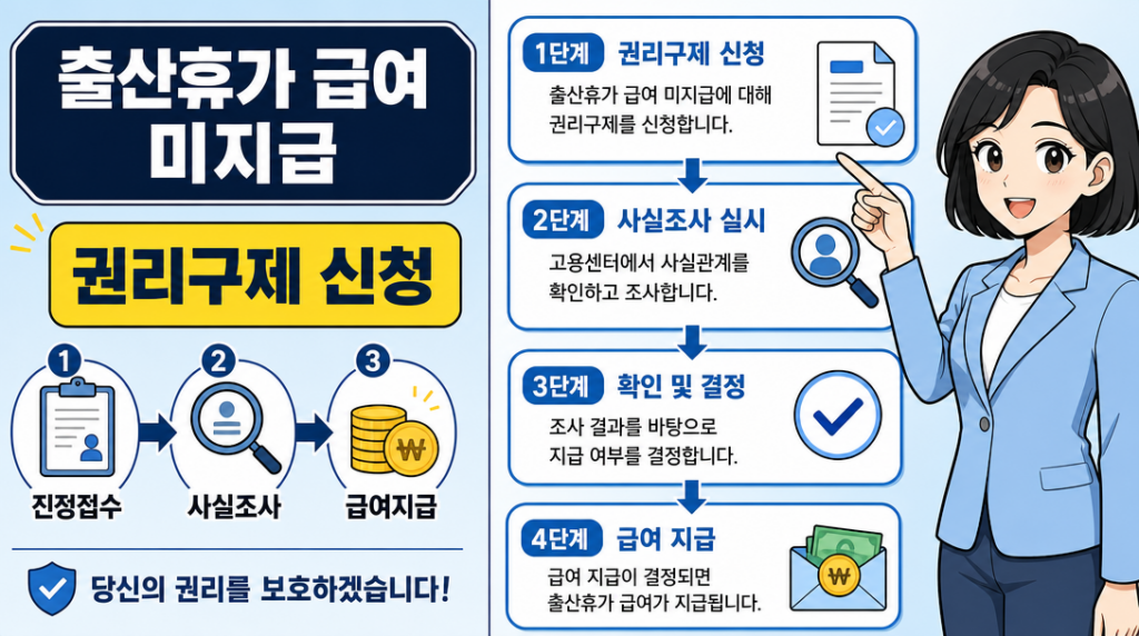 출산휴가 급여 미지급 권리구제 신청 절차를 단계별로 보여주는 인포그래픽 일러스트