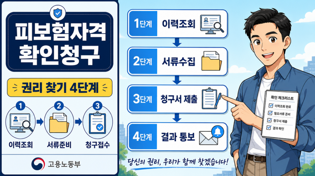 고용보험 피보험자격 확인청구 신청 절차를 단계별로 안내하는 인포그래픽