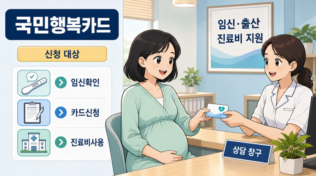 국민행복카드 신청 방법 안내 — 임산부 상담 창구 신청 장면 일러스트