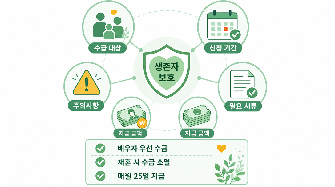 유족연금 신청 시 필요한 수급 대상·서류·지급일 등 핵심 정보를 담은 본문 일러스트