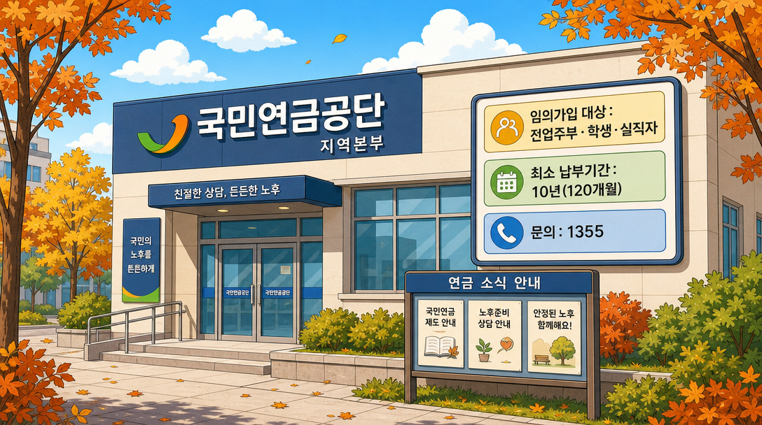 국민연금 임의가입 공단 지사 안내 일러스트 – 대상자와 납부 기간 정보